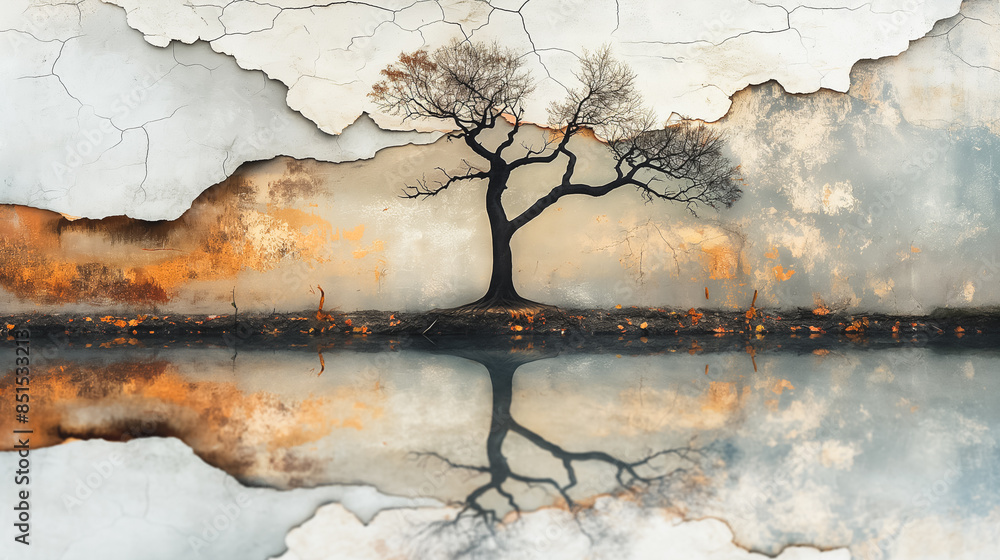Poster a tree is reflected in the water of a lake. the tree is surrounded by a rocky shoreline. the image h