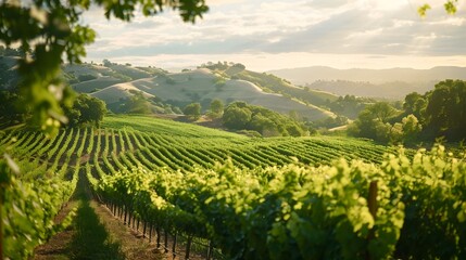 Picturesque Rolling Hills and Vineyards Backdrop for Gourmet Food or Wine Product Presentation
