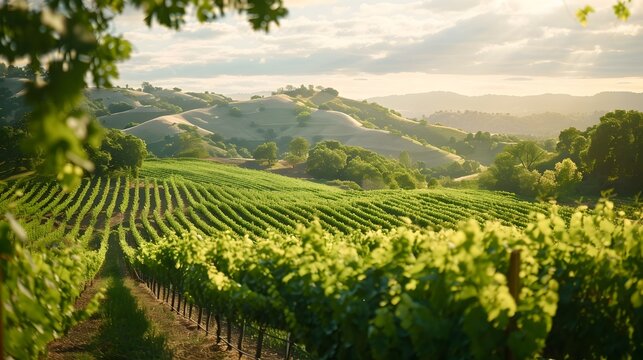 Picturesque Rolling Hills and Vineyards Backdrop for Gourmet Food or Wine Product Presentation