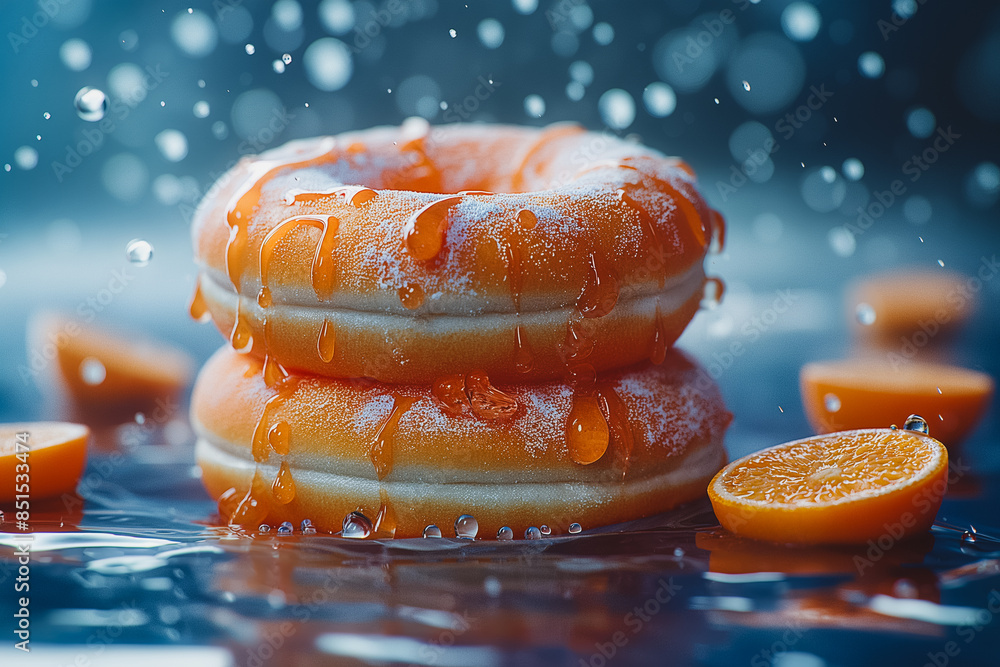Poster two donuts with icing and sprinkles on top of a table with oranges