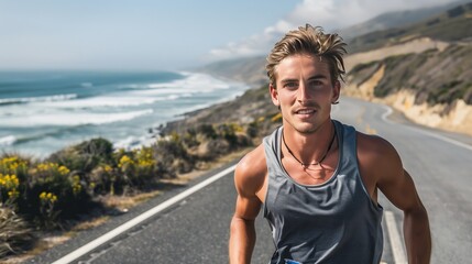 An athlete trains on a scenic coastal road, determined, as ocean waves crash, creating an inspiring backdrop.