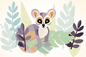 Fototapeta premium Lemur paper craft flat design top view Madagascar jungle theme cartoon drawing colored pastel