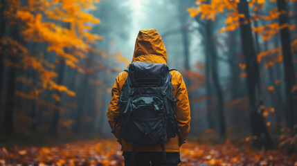A person wearing a yellow jacket and backpack is walking through a forest. The person is looking ahead, possibly at a path or a trail. The forest is filled with trees and leaves, creating a serene