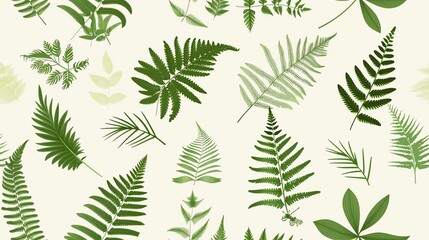 Create a seamless pattern with various types of leaves and ferns