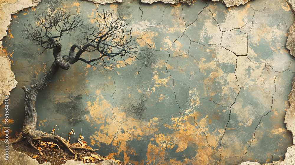 Poster a tree is standing in front of a wall with cracks and holes. the tree is bare and the wall is old an