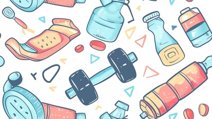 Design a seamless pattern featuring fitness elements like dumbbells, water bottles, and yoga mats