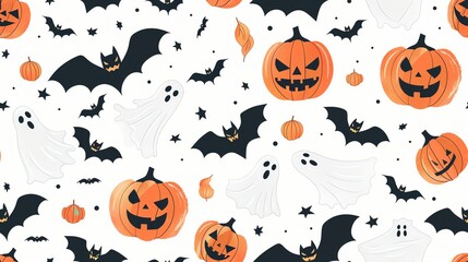Fototapeta premium Design a seamless pattern featuring Halloween motifs like pumpkins, bats, and ghosts
