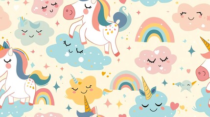 Design a seamless pattern featuring playful unicorns and rainbows