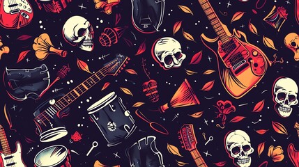 Design a seamless pattern with rock and roll elements like electric guitars, drums, and skulls