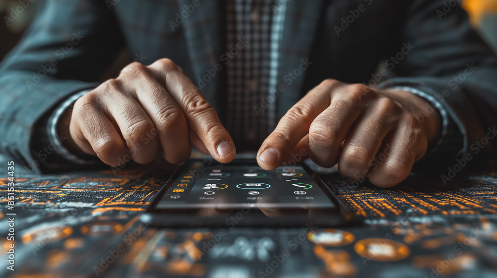 Poster a man is using a cell phone with his fingers on the screen. concept of focus and concentration as th