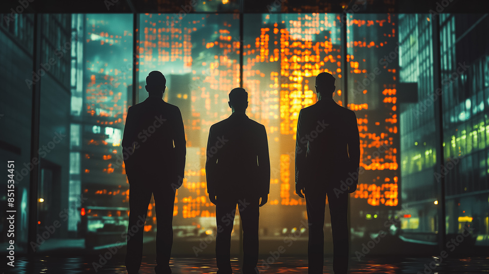 Poster three men stand in front of a large screen with a city view. the men are dressed in suits and appear