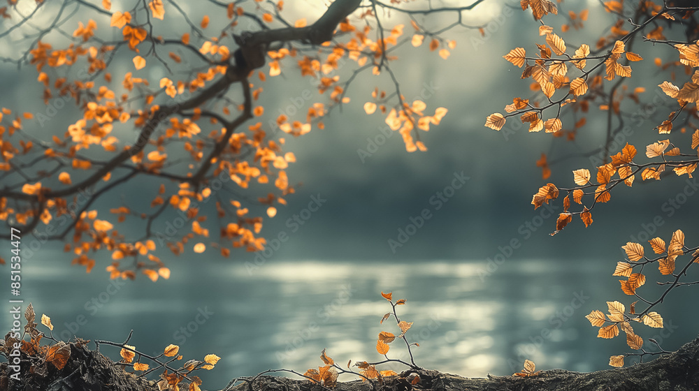 Poster a tree branch with leaves on it is shown in front of a body of water. the image has a serene and pea