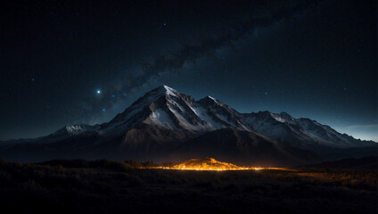 Fototapeta premium An amazing mountain landscape in night, environment nature covered with snow, a glowing city can be seen from distance, winter season scenary, beautiful sky filled with stars and clouds
