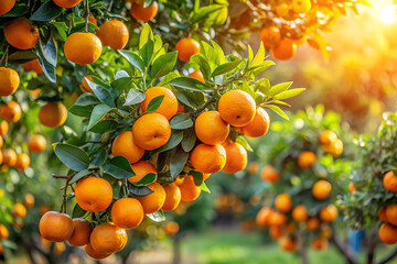 Orange tree branches with ripe juicy fruits. Fresh ripe oranges hanging on trees in orange garden. Natural fruit background outdoors.