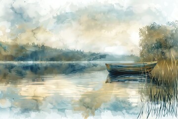 Peaceful watercolor painting of a small boat on a still lake.