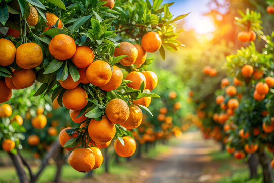 Orange tree branches with ripe juicy fruits. Fresh ripe oranges hanging on trees in orange garden. Natural fruit background outdoors.