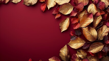 Luxurious gold leaf motifs adorn a deep red backdrop, adding a regal and opulent touch to the abstract composition. Abstract Backgrounds Illustration, Minimalism,