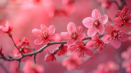 Naklejka premium Delicate pink blossoms cascade gently against a backdrop of vibrant red, creating a serene and romantic scene. Abstract Backgrounds Illustration, Minimalism,