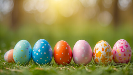 easter eggs on green grass, Easter Sunday celebration background, blurry green background