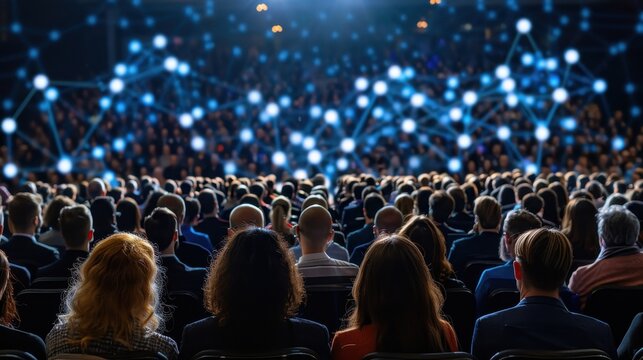 A futuristic business conference with humans and robots collaborating, neural connections visible in the background.