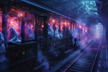 A spooky train filled with ghostly figures, illuminated by an eerie glow.