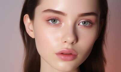 Fototapeta premium Close-up portrait of a woman with flawless skin and natural makeup, ideal for beauty, skincare, and cosmetic advertising.