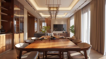 Fototapeta premium sophisticated dining room featuring a large wooden table, modern chairs, and an elegant chandelier creating a refined atmosphere