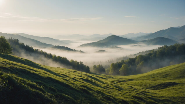 mountains in the morning, misty foggy hills landscape