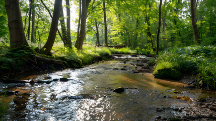 A quiet woodland with a gentle stream.


