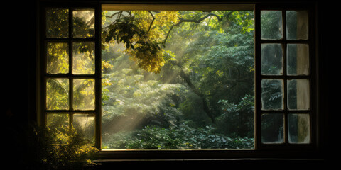 Naklejka premium Mystical Morning Light Through Vintage Window In Lush Forest. Green Garden Viewed From Window. Generative AI