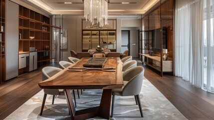 sophisticated dining room featuring a large wooden table, modern chairs, and an elegant chandelier creating a refined atmosphere
