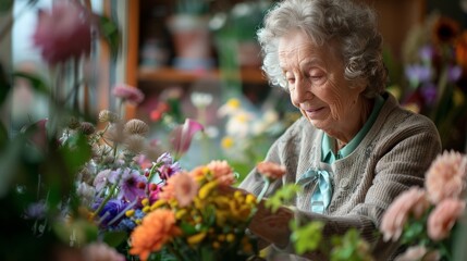 Elderly woman arranging a vibrant bouquet of flowers, engrossed in her floral hobby