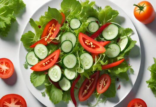 Healthy food, salad un the plate, tomatoe, cocumber, salad llkeaf, and salad in the plate