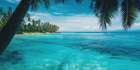 Tropical Beach View With Clear Turquoise Waters. Coastal Landscape With Palm Trees. Generative AI