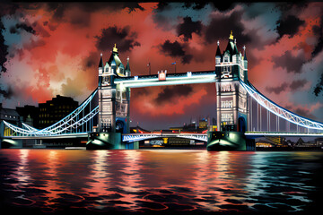  illustration inspired by the Tower Bridge in London at night, set against a dramatic sky. This...