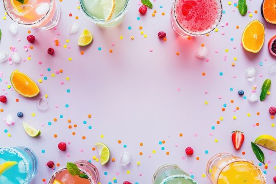 Festive Refreshing Summer Drinks with Colorful Confetti and Citrus Fruit Slices Design for Cards, Posters - Powered by Adobe