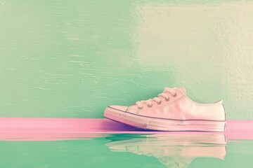ultrarealistic photograph of a sneakers on a pastel pink surface, against a pastel green background. The pink and green colors reflects on a sneakers surface.