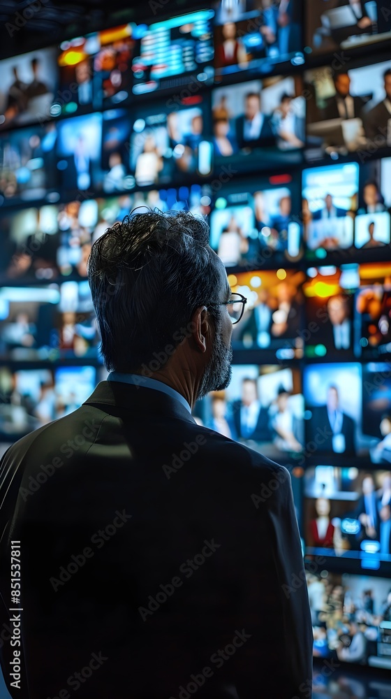Poster ceo discussing quarterly results with stakeholders through a live stream technology networking and d