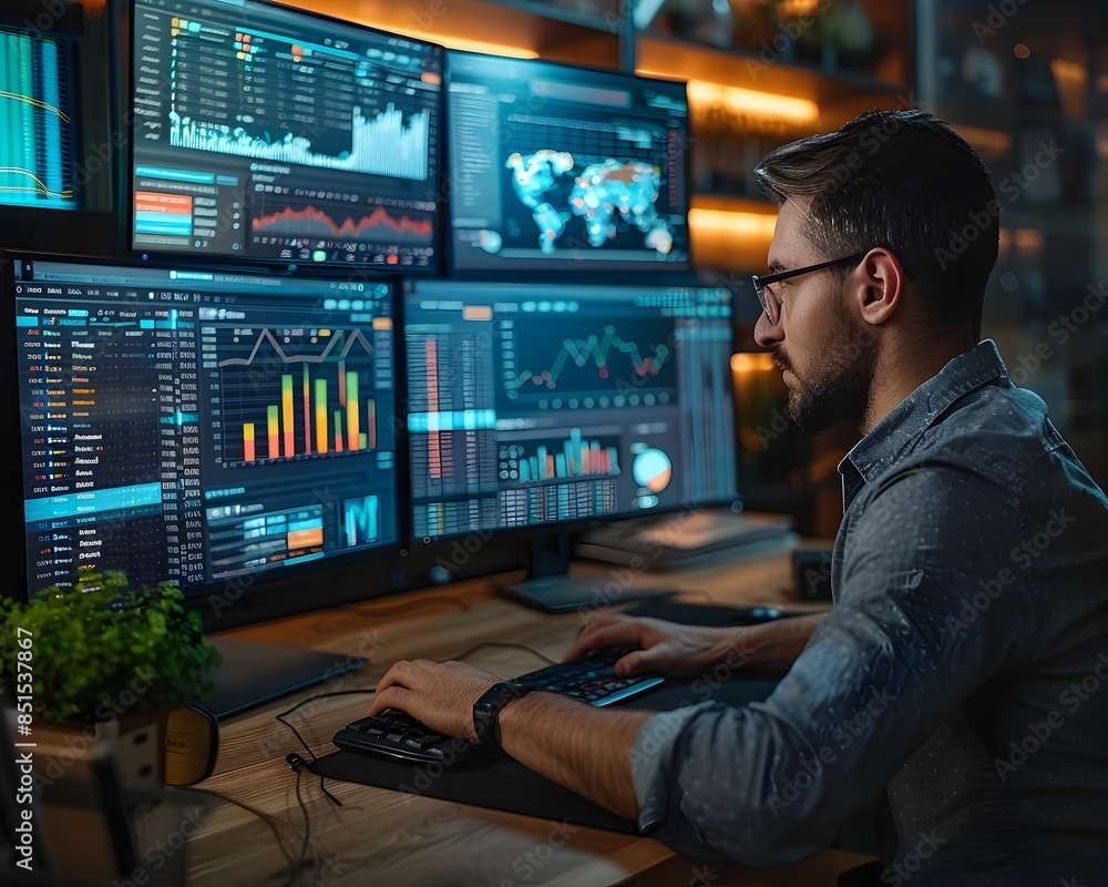 Aufkleber data scientist monitoring communication flows in a multi screen workspace for digital technology and