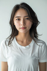 Fototapeta premium Portrait of a stunning Asian girl in a white t-shirt, radiating a sexy smile, minimalist white background, professional studio shot