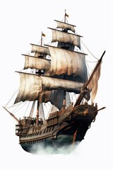 A magical flying pirate ship sailboat vehicle white background.