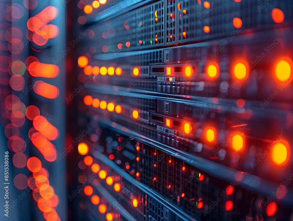 Poster vibrant server rack with blinking lights in data center
