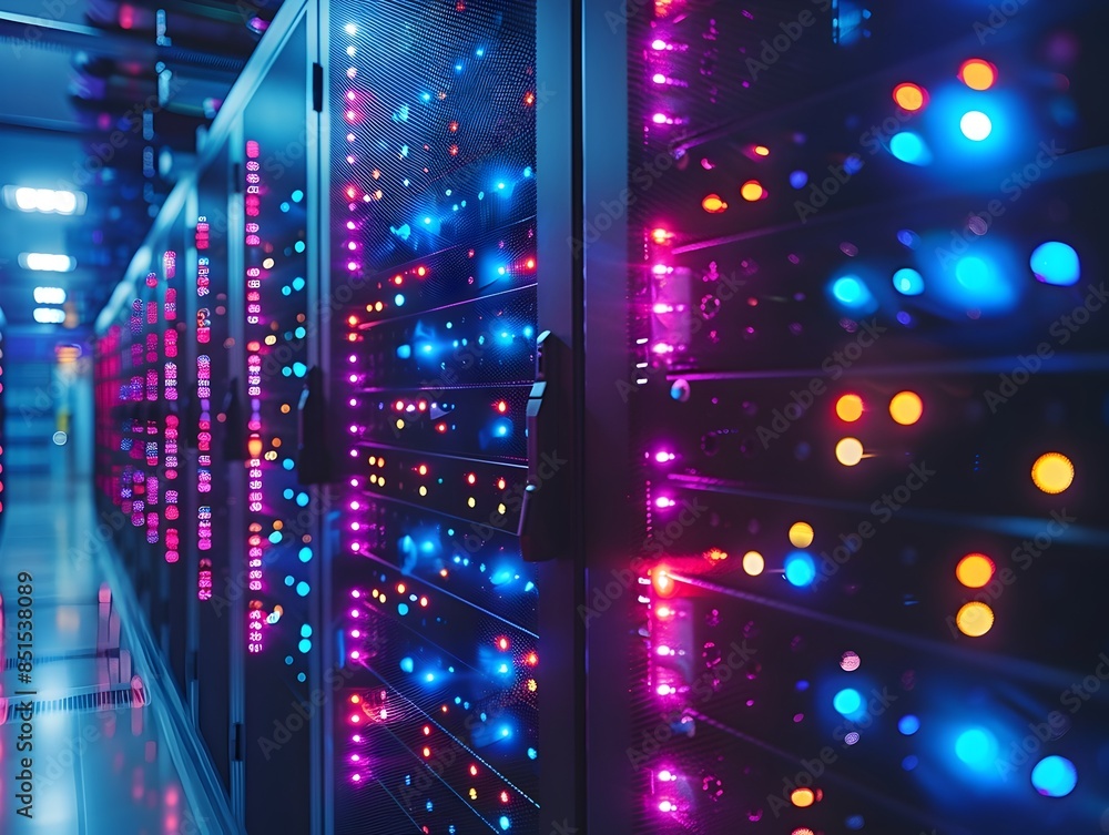 Poster vibrant illuminated data center server rack showcasing digital technology and networking solutions