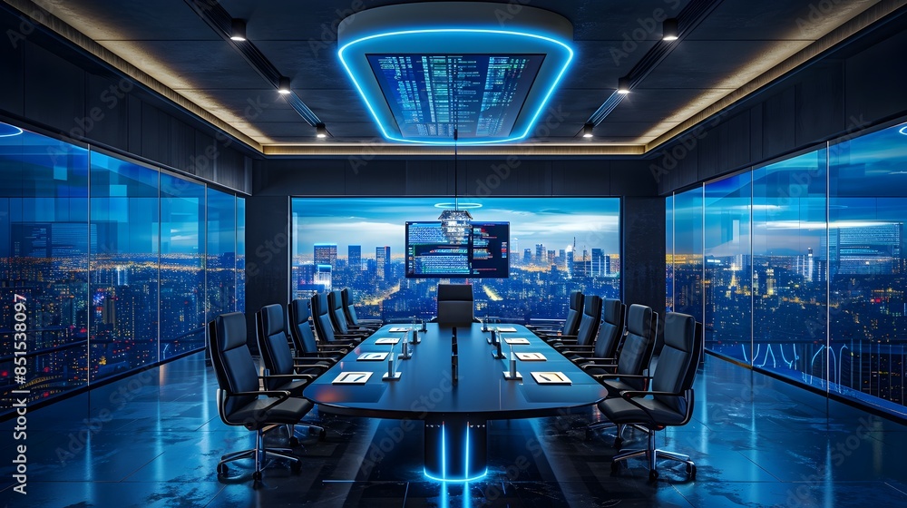 Poster high tech global virtual business conference room setup for technology networking and digital commun