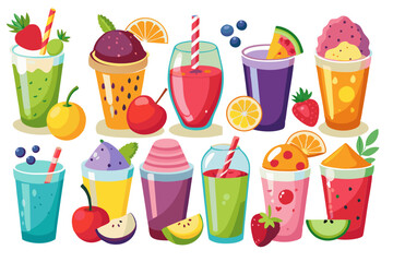 Set of classical fresh delicious smoothies decorated with fruits and berries isolated on transparent background Vegan natural healthy drinks modern flat design simple vector illustration isolated