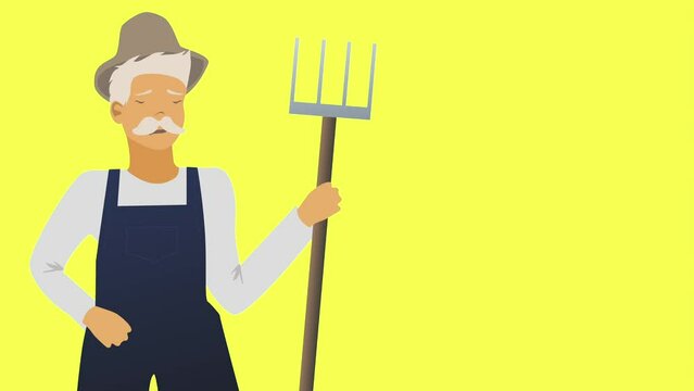 Animated or cartoon character, old man or grandfather with mustache, farmer in hat, lip sync, facial animation for storytelling. Male character head talking, looping animation frames in flat style