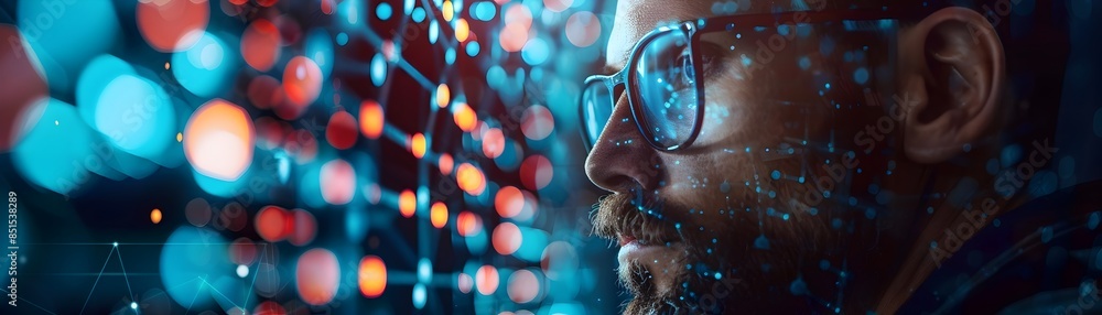 Poster network engineer configuring complex corporate router setup for digital communication and technology