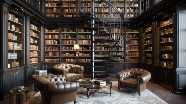 sophisticated home library with two-story bookshelves, a spiral staircase, and classic leather armchairs for timeless elegance