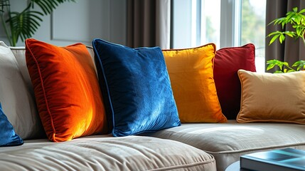 Plush cushions upholstered in luxurious fabrics, inviting relaxation and comfort in stylish interiors. Abstract Backgrounds Illustration, Minimalism,