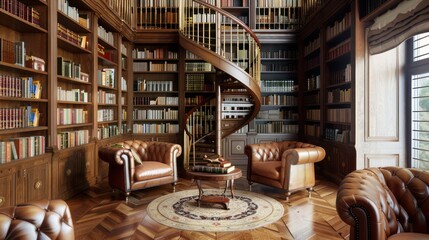 sophisticated home library with two-story bookshelves, a spiral staircase, and classic leather armchairs for timeless elegance